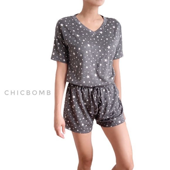 STAR PRINT MATCHING TOP AND SHORTS - DARK GRAY WHITE - Picture 2 of 9